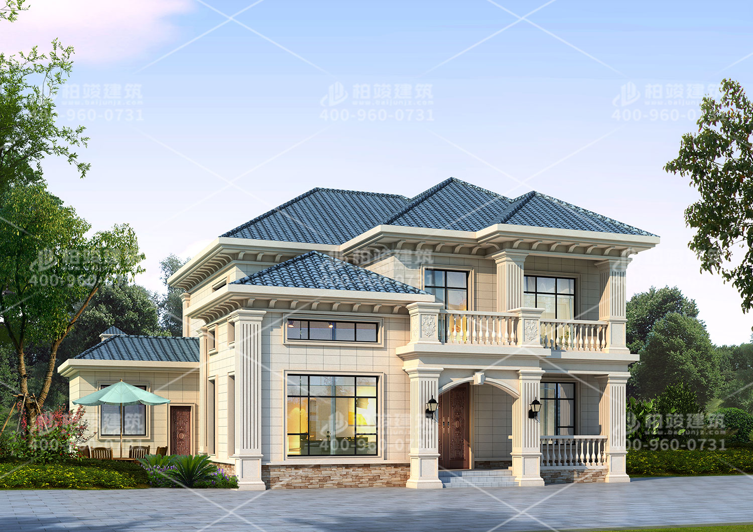 新中式別墅設(shè)計(jì)圖，帶輔房墨綠色房頂。