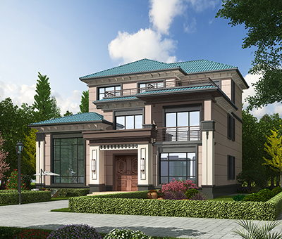 鄉(xiāng)村三層樓房設(shè)計圖，墨綠色斜屋頂。