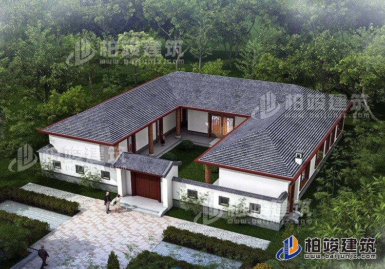 中式三合院平房設(shè)計(jì)圖及效果圖、施工圖BZ168-新中式風(fēng)格