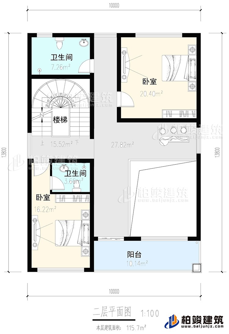 二層：2臥室，內衛(wèi)，公衛(wèi)，樓梯，陽臺