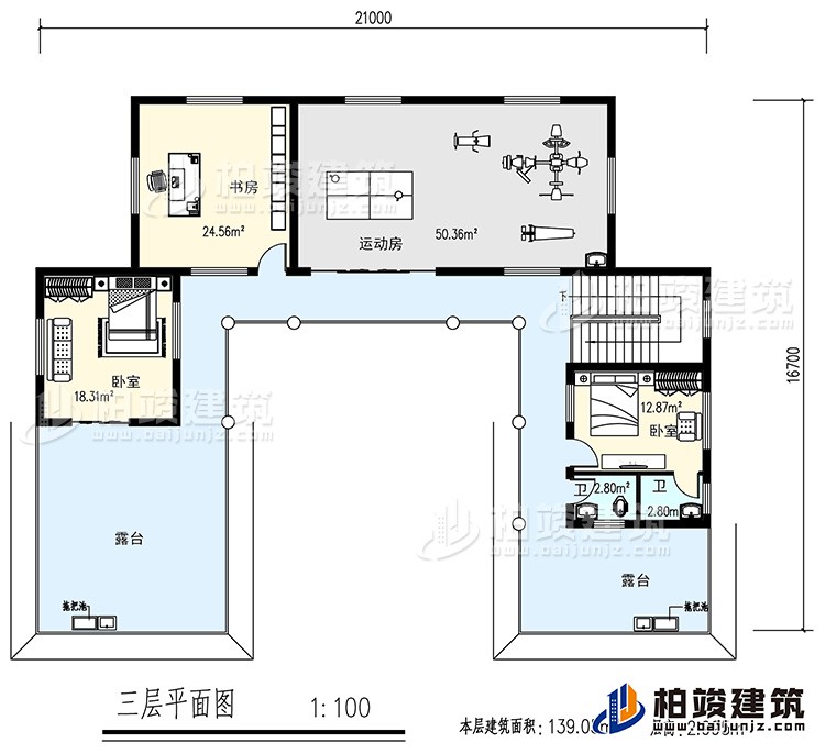 三層：書房，運(yùn)動(dòng)房，2臥室，2衛(wèi)生間，露臺(tái)