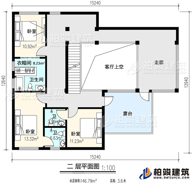 二層：3臥室，內衛(wèi)，公衛(wèi)，起居室，樓梯，陽臺，露臺，書房