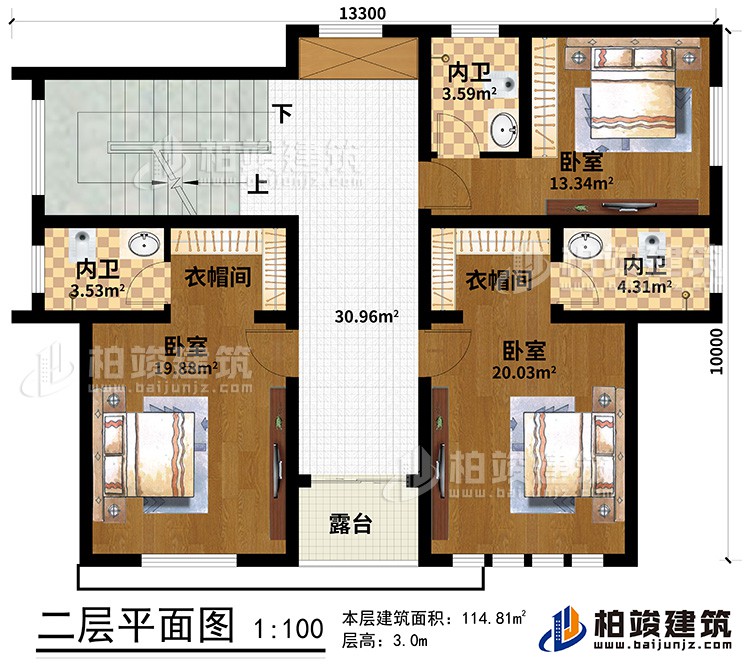 二層：3臥室、2衣帽間、3內(nèi)衛(wèi)、露臺(tái)