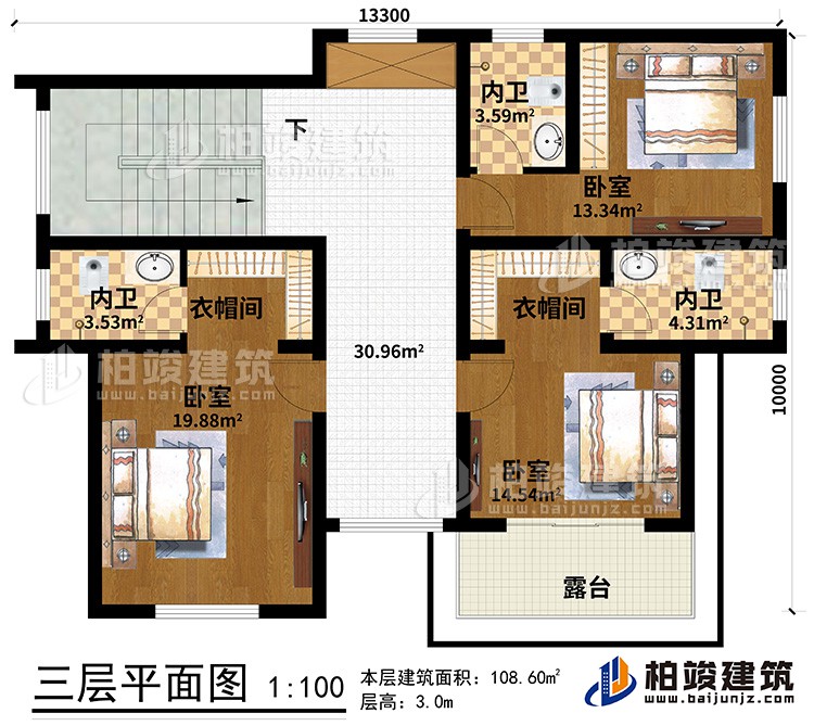 三層：3臥室、2衣帽間、3內(nèi)衛(wèi)、露臺(tái)