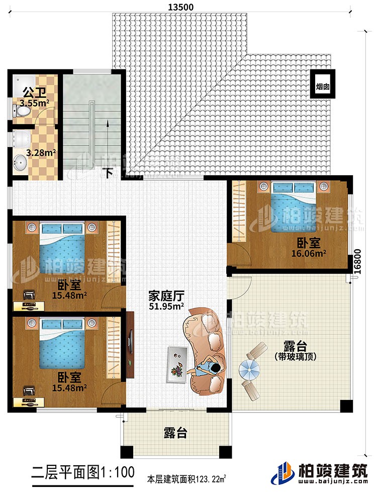 二層：3臥室，家庭廳，2露臺，公衛(wèi)。