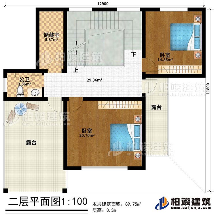 二層：2臥室、公衛(wèi)、儲(chǔ)藏室、2露臺(tái)