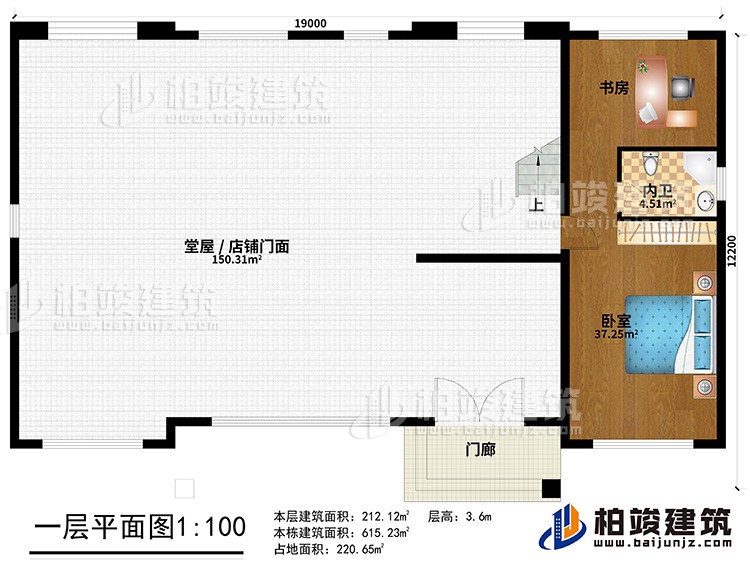 一層：門(mén)廊、堂屋/店鋪門(mén)面、臥室、書(shū)房、內(nèi)衛(wèi)
