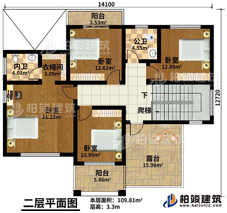 二層：4臥室，公衛(wèi)，內(nèi)衛(wèi)，2陽臺，露臺