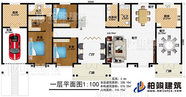 一層：2門廊、門廳、客廳、2餐廳、廚房、公衛(wèi)、洗漱間、3臥室、衣帽間、內(nèi)衛(wèi)、庫房、車庫