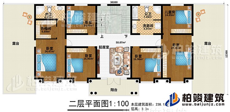 二層：5臥室、兒童房、公衛(wèi)、洗漱間、內(nèi)衛(wèi)、起居室、2露臺、陽臺