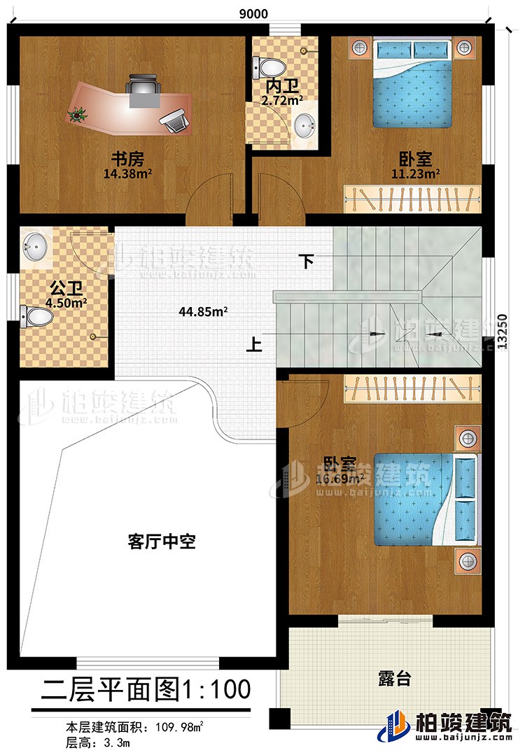 二層：2臥室、內(nèi)衛(wèi)、公衛(wèi)、書房、露臺(tái)、客廳中空