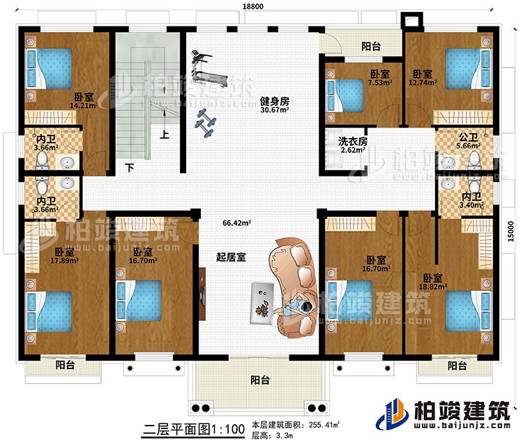 二層：7臥室、起居室、健身房、3內(nèi)衛(wèi)、公衛(wèi)、洗衣房、4陽臺