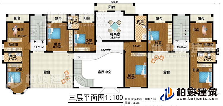 三層：6臥室、2衣帽間、2書房、4內(nèi)衛(wèi)、娛樂室、6陽臺(tái)、2露臺(tái)、客廳中空