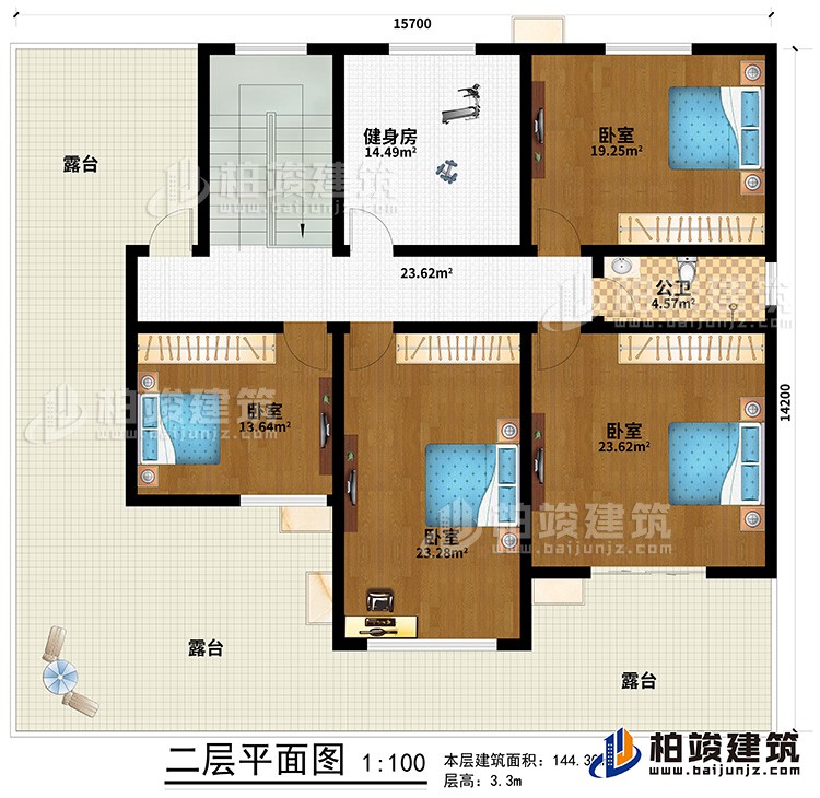 二層：4臥室，公衛(wèi)，健身房，露臺