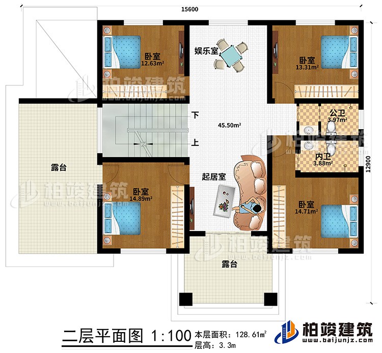 二層：4臥室，內(nèi)衛(wèi)，公衛(wèi)，起居室，樓梯，棋牌室，2露臺(tái)