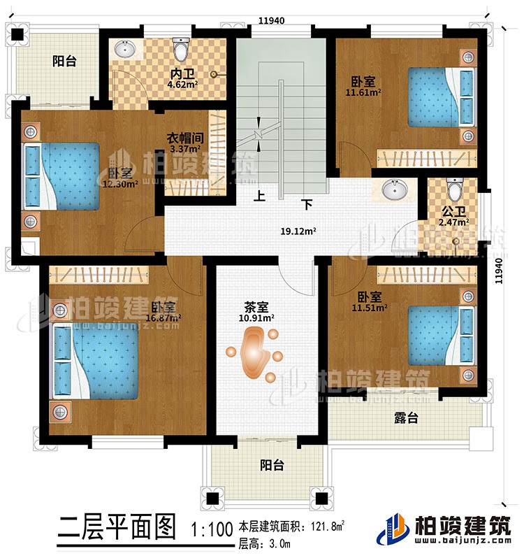 二層：4臥室、衣帽間、茶室、公衛(wèi)、內(nèi)衛(wèi)、2陽(yáng)臺(tái)、露臺(tái)