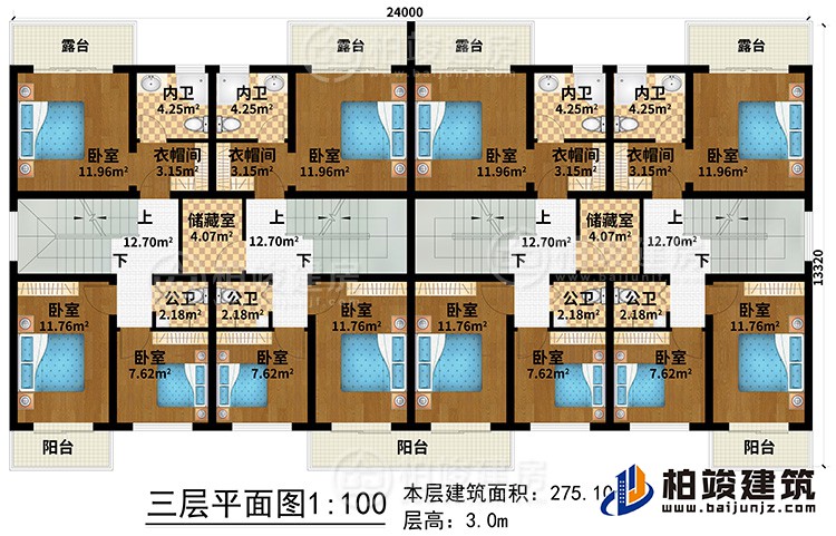 三層：12臥室、4公衛(wèi)、4內(nèi)衛(wèi)、2儲(chǔ)藏室、4衣帽間、3陽臺(tái)、4露臺(tái)