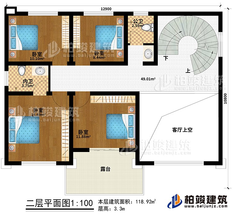 二層：4臥室、公衛(wèi)、內(nèi)衛(wèi)、客廳上空、露臺