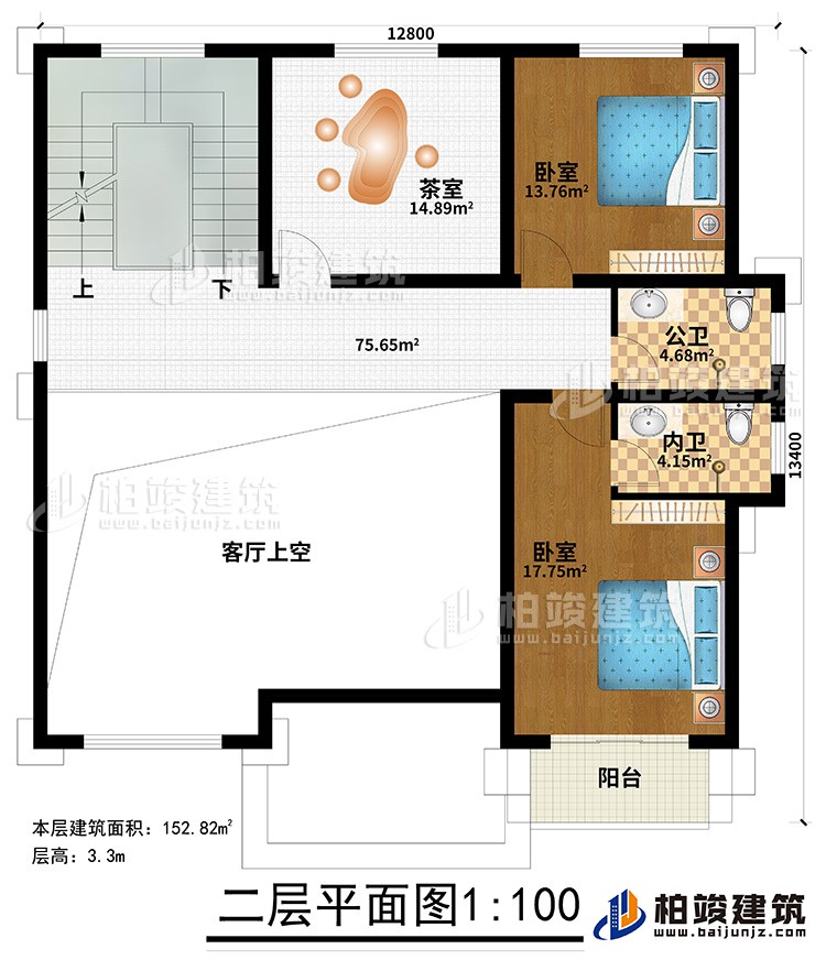 二層：2臥室，茶室，2衛(wèi)生間，陽(yáng)臺(tái)