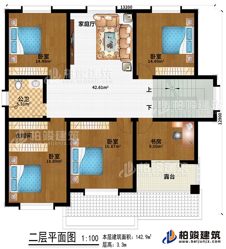 二層：4臥室、公衛(wèi)、衣帽間、書(shū)房、露臺(tái)、家庭廳