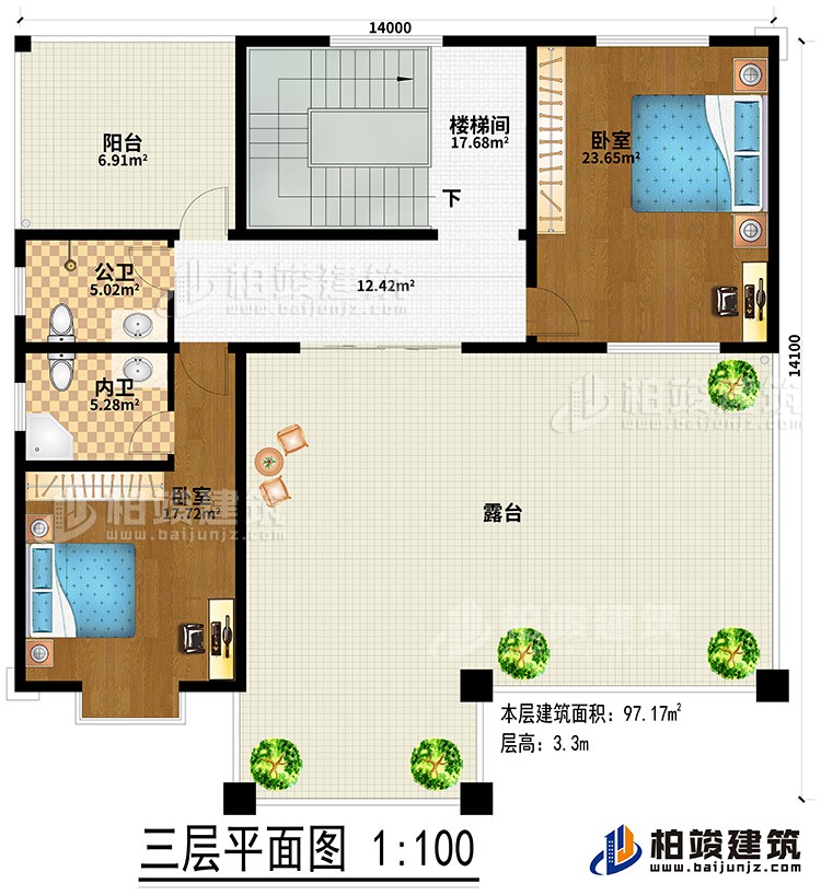 三層：2臥室、樓梯間、公衛(wèi)、內(nèi)衛(wèi)、陽臺、露臺