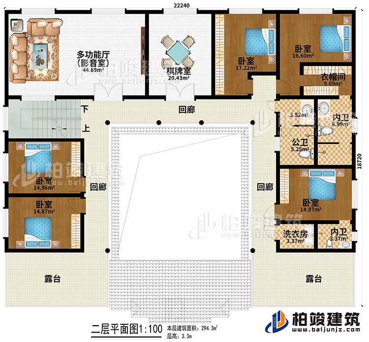 二層：多功能廳（影音室）、棋牌室、5臥室、衣帽間、公衛(wèi)、2內(nèi)衛(wèi)、洗衣房、3回廊、2露臺