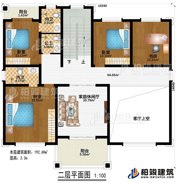 二層：客廳上空、2陽臺(tái)、3臥室、書房、2內(nèi)衛(wèi)、公衛(wèi)、家庭休閑廳