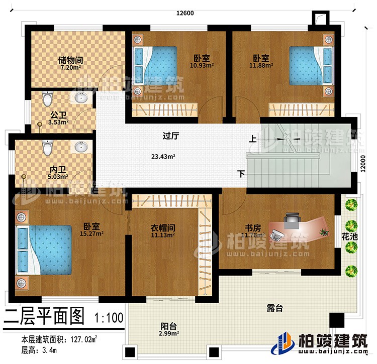 二層：3臥室、衣帽間、書房、過廳、儲物間、公衛(wèi)、內(nèi)衛(wèi)、陽臺、露臺、花池