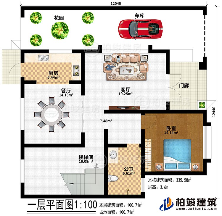 一層：門廊、花園、車庫、廚房、餐廳、客廳、樓梯間、臥室、公衛(wèi)