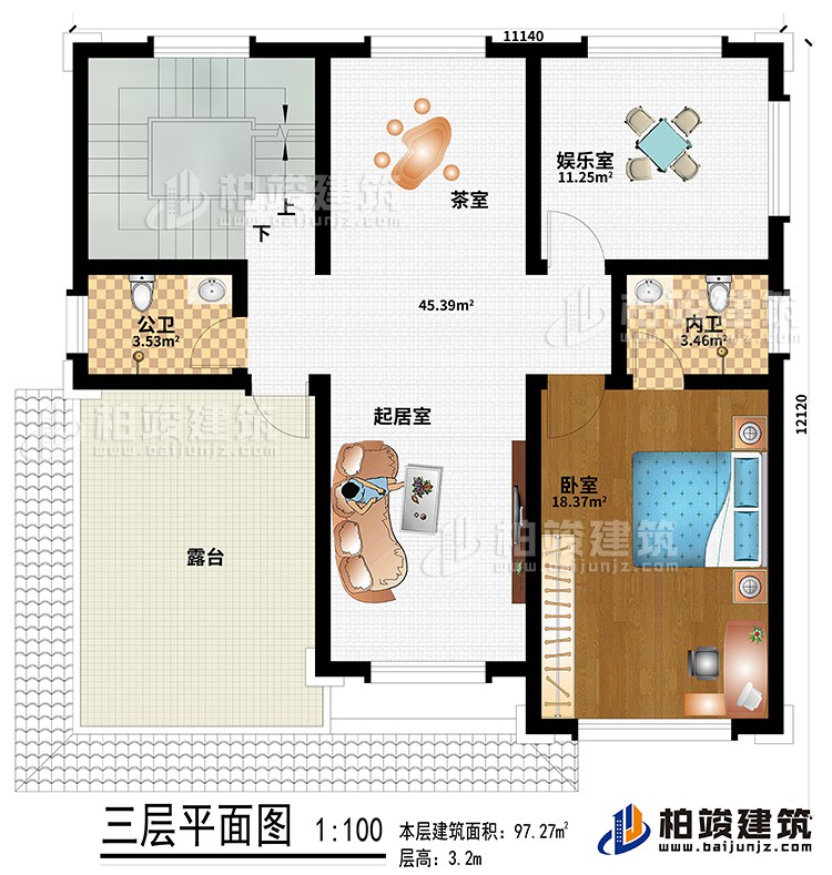 三層：起居室、茶室、娛樂室、公衛(wèi)、內(nèi)衛(wèi)、臥室、露臺