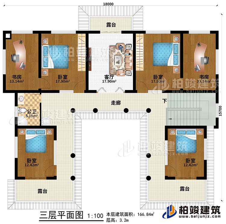 三層：走廊、3臥室、2書房、客廳、3露臺(tái)、公衛(wèi)