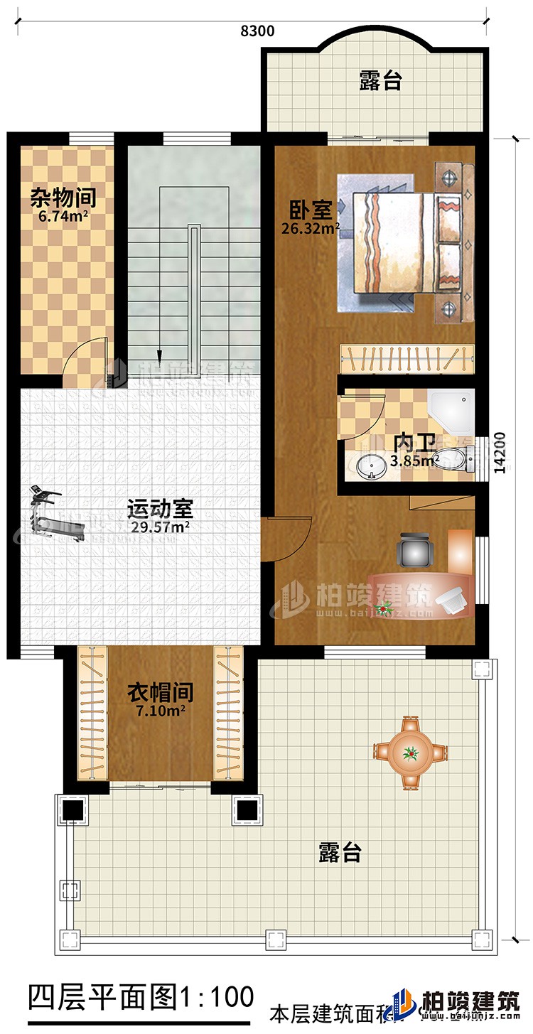 四層：臥室，內(nèi)衛(wèi)，運動室，雜物間，衣帽間，2露臺