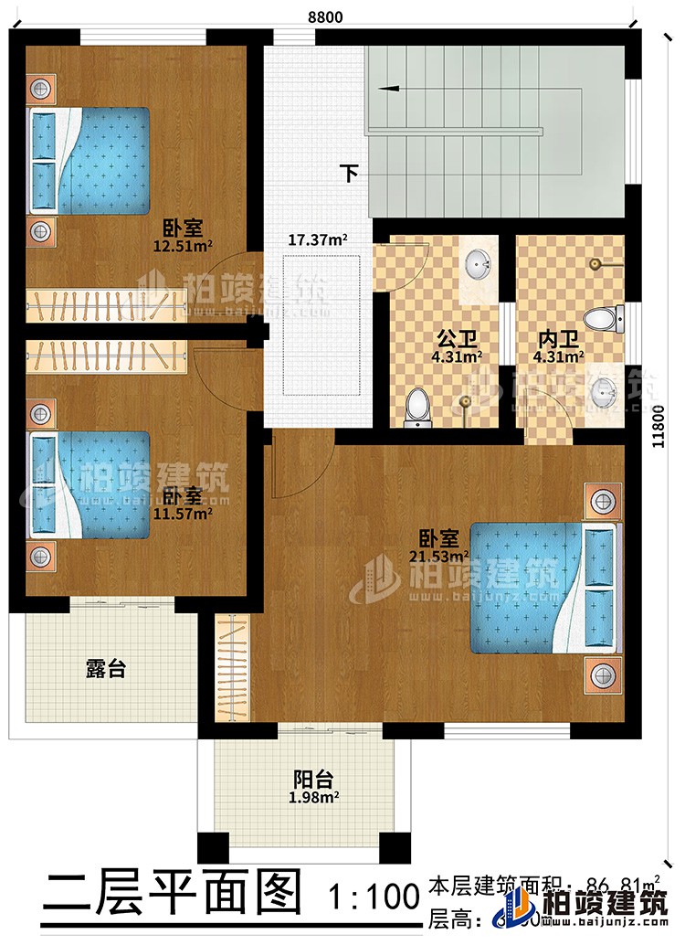 二層：3臥室、公衛(wèi)、內(nèi)衛(wèi)、陽臺、露臺