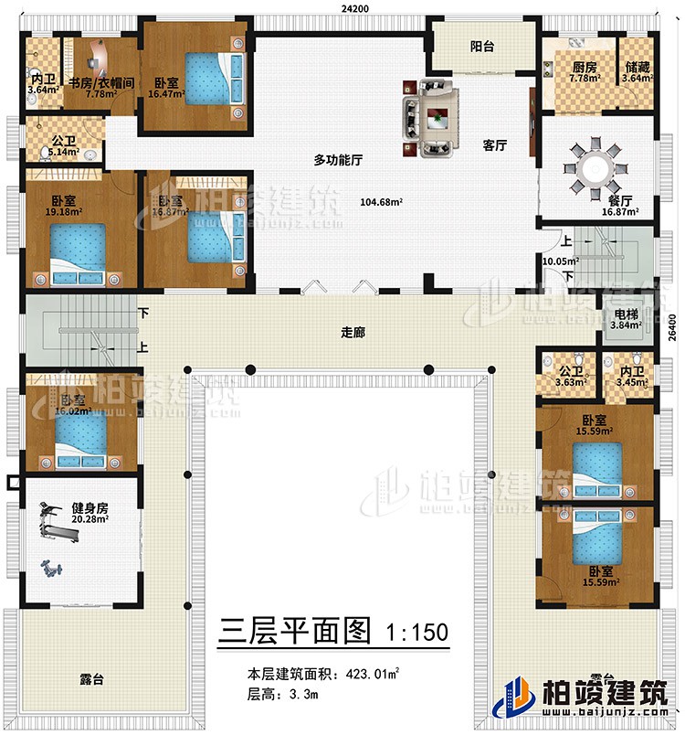 三層：健身房、6臥室、書房/衣帽間、2內(nèi)衛(wèi)、2公衛(wèi)、多功能廳、客廳、陽臺(tái)、餐廳、廚房、儲(chǔ)藏、電梯、2露臺(tái)