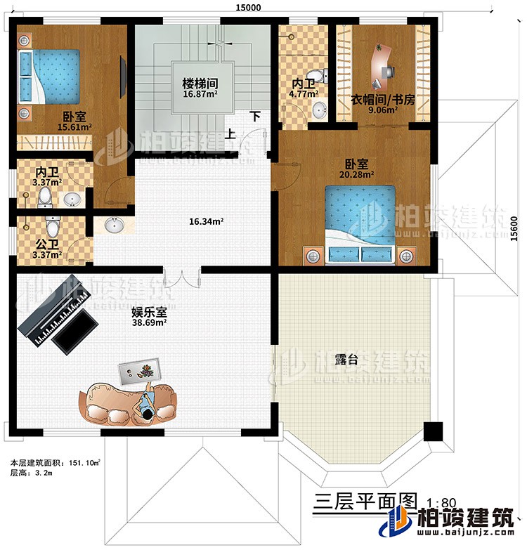 三層：樓梯間、娛樂(lè)室、2臥室、衣帽間/書(shū)房、2內(nèi)衛(wèi)、公衛(wèi)、露臺(tái)