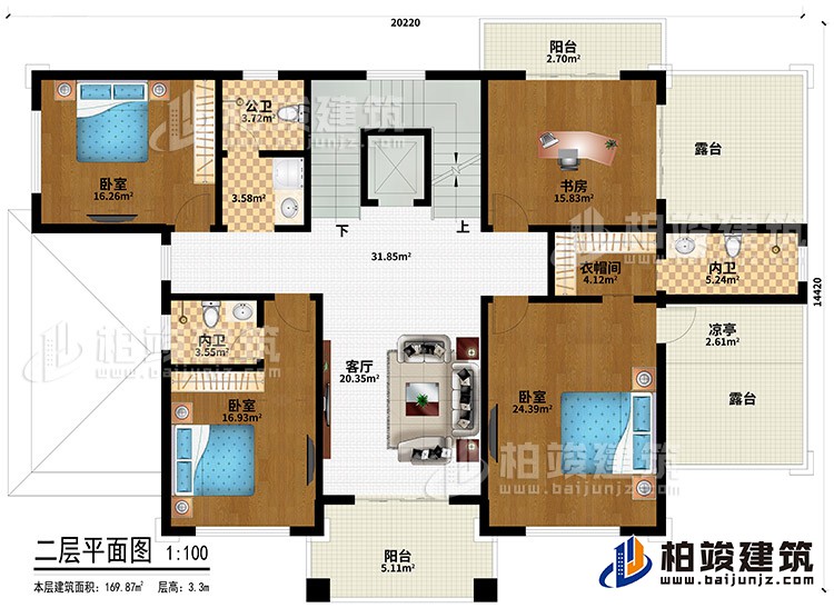 二層：3臥室、衣帽間、2內(nèi)衛(wèi)、公衛(wèi)、客廳、書房、衣帽間、2陽臺、2露臺、涼亭