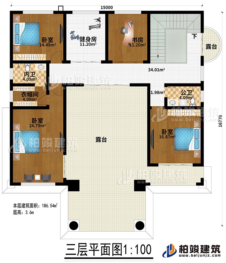 三層：3臥室、健身房、衣帽間、內(nèi)衛(wèi)、公衛(wèi)、健身房、書(shū)房、2露臺(tái)