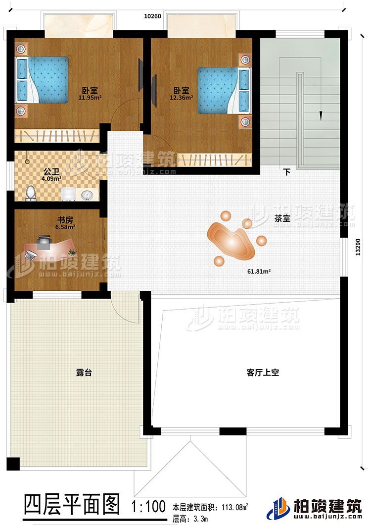 四層：2臥室、茶室、公衛(wèi)、書房、客廳上空、露臺