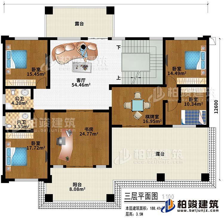 三層：客廳、4臥室、書(shū)房、棋牌室、內(nèi)衛(wèi)、公衛(wèi)、陽(yáng)臺(tái)、2露臺(tái)