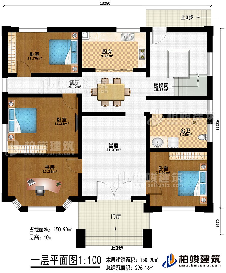 一層：門廳、堂屋、餐廳、廚房、樓梯間、3臥室、書房、公衛(wèi)