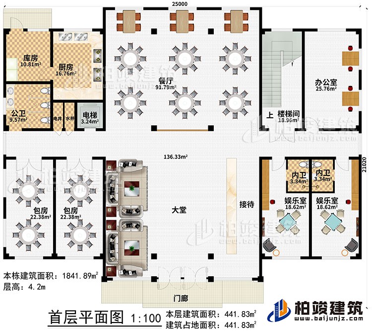 一層：門廊、大堂、接待、2娛樂(lè)室、2內(nèi)衛(wèi)、辦公室、樓梯間、餐廳、電梯、電井、水井、廚房、庫(kù)房、公衛(wèi)、2包房