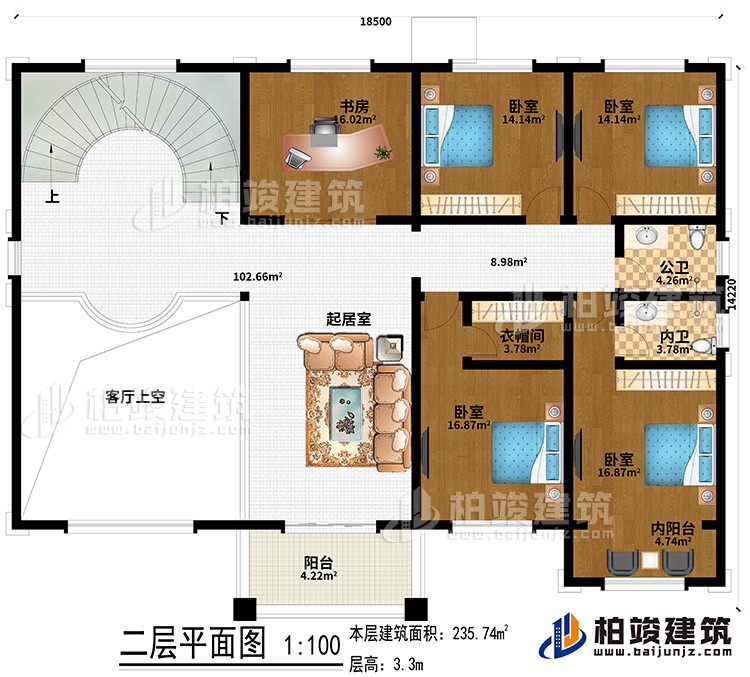 二層：4臥室、起居室、書(shū)房、客廳上空、衣帽間、內(nèi)陽(yáng)臺(tái)、陽(yáng)臺(tái)、公衛(wèi)、內(nèi)衛(wèi)