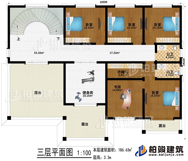 三層：4臥室、健身房、書(shū)房、衣帽間、3露臺(tái)、公衛(wèi)、內(nèi)衛(wèi)