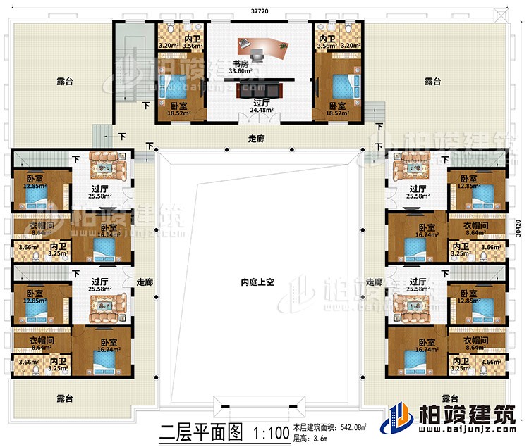 二層：內(nèi)庭上空、5過(guò)廳、書(shū)房、3走廊、4露臺(tái)、10臥室、4衣帽間、6內(nèi)衛(wèi)