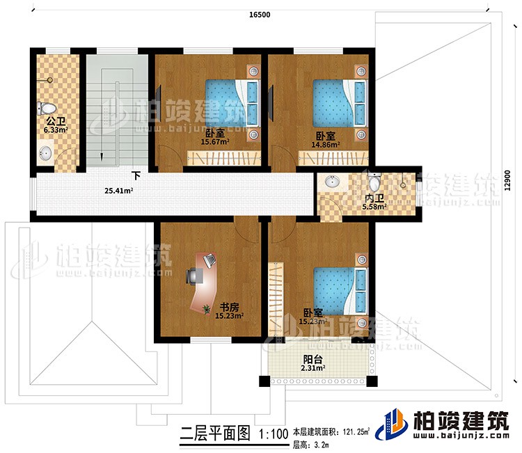 二層：3臥室、書房、公衛(wèi)、內(nèi)衛(wèi)、陽(yáng)臺(tái)