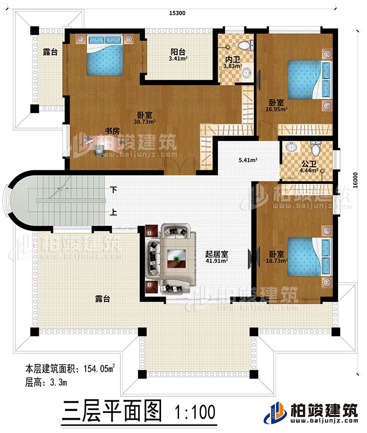 三層：起居室、3臥室、書房、公衛(wèi)、內(nèi)衛(wèi)、陽臺(tái)、2露臺(tái)