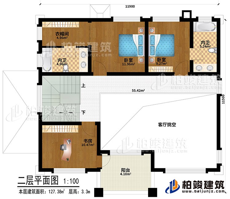 二層：客廳挑空、2臥室、衣帽間、書房、2內(nèi)衛(wèi)、陽臺