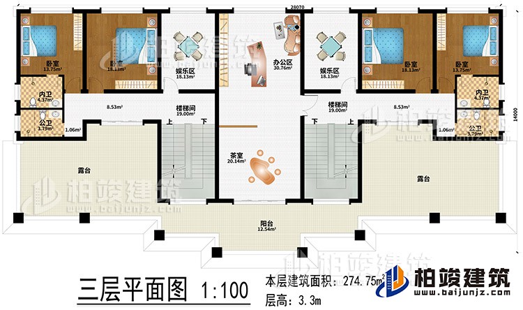 三層：辦公區(qū)、茶室、2樓梯間、2娛樂區(qū)、4臥室、2公衛(wèi)、2內(nèi)衛(wèi)、2露臺