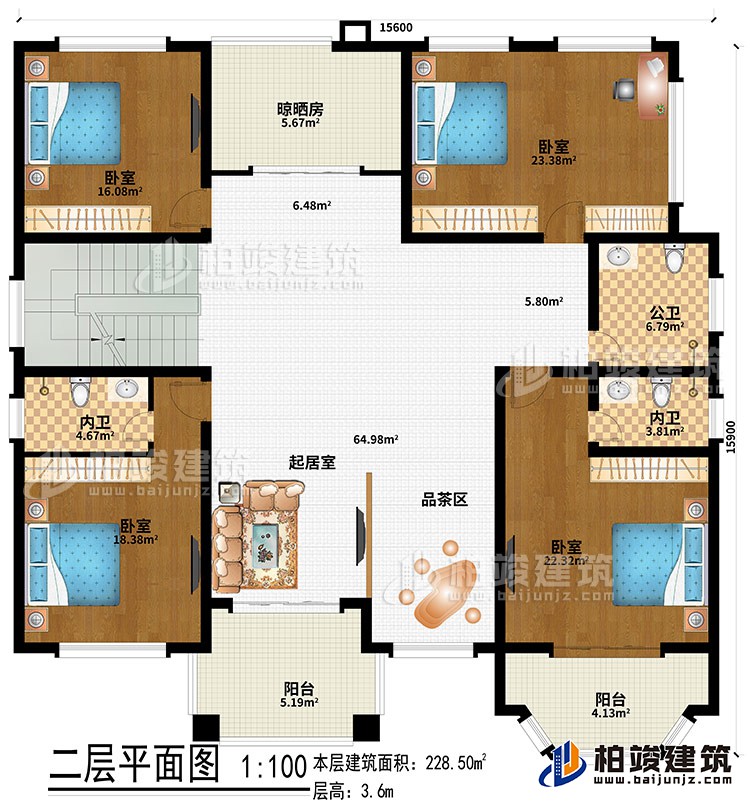 二層：起居室、品茶區(qū)、4臥室、公衛(wèi)、2內(nèi)衛(wèi)、晾曬房、2陽臺