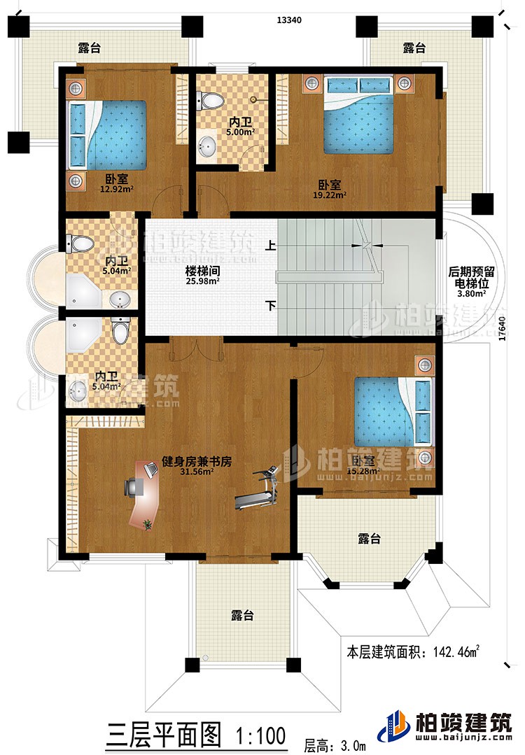 三層：樓梯間、健身房兼書房、3臥室、3內(nèi)衛(wèi)、后期預(yù)留電梯位、4露臺